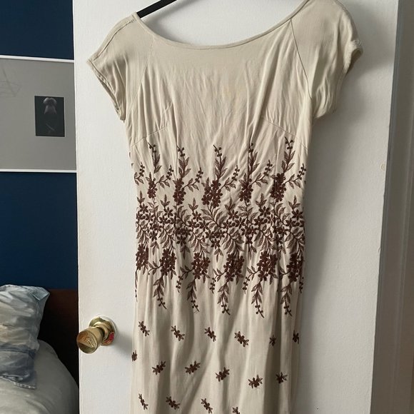 Vintage 50s Dress - Beige Cotton Linen Brown Floral embroidery - Picture 4 of 7